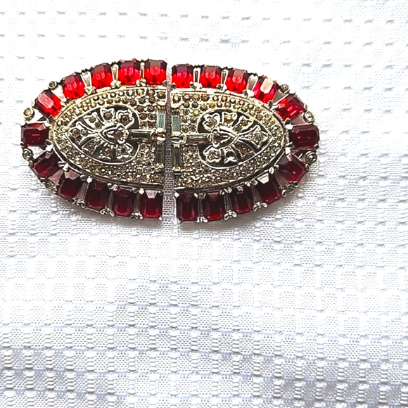 Vintage Art Deco Style Brooch/Fur Clips Red & Clear Rhinestone Duette Pin 1930s